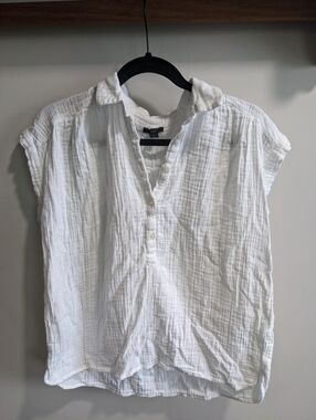 Ann Taylor White Cotton gauze collared Button Short Sleeve Top Petite L Coastal